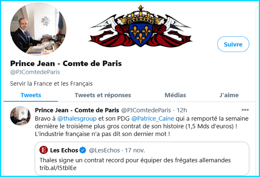 Le chef de la Maison de France, Monseigneur le Comte de Paris, à rendu public ce message de félicitations à Thales via les réseaux sociaux. À noter : la précision apportée par Les échos. Sans autre commentaire. CLIQUER SUR L’IMAGE CI-DESSUS.